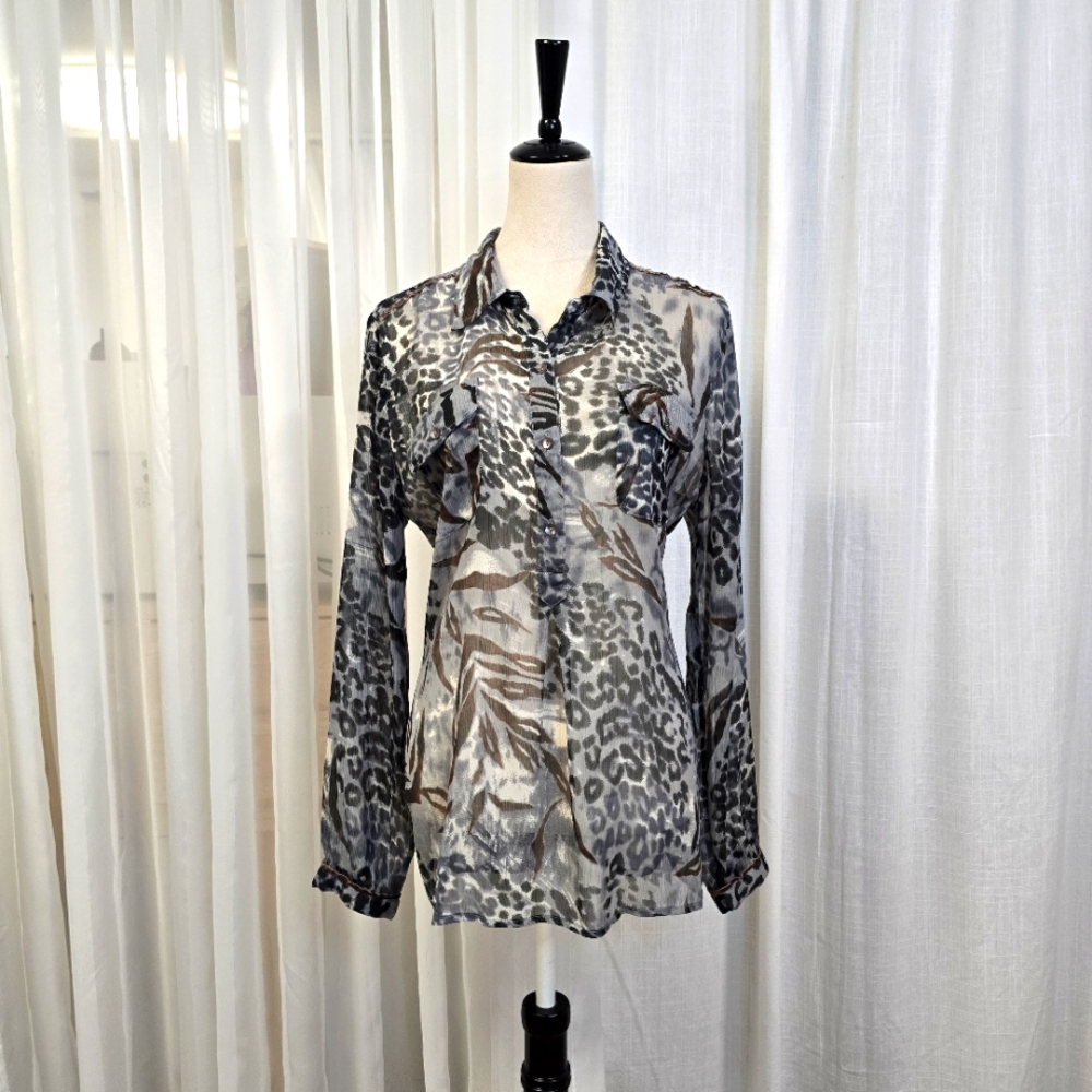 2/$30 Style &‎ Co Sheer Leopard Print Button Down Womens Top Plus Sz 14 Mobwife